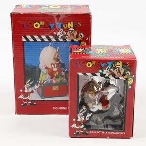 Looney Tunes 1996 Sylvester Tweety Christmas Ornament & Yosemite Sam Candle